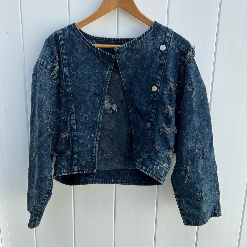 G.A.S.P Denim Jean Jacket Cropped Distressed Medium